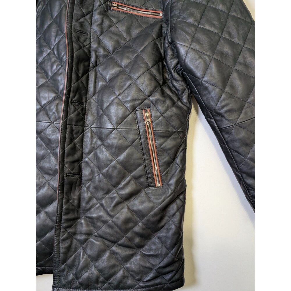 Men’s Quilted Leather Car Coat Black Brown Trim Luxe Minimalist L Heritage NWT - Picture 10 of 12